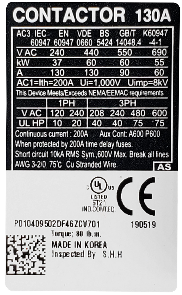 Carlo Contactor, 130A, 220v, 3ph, Lug, 2NO 2NC Aux