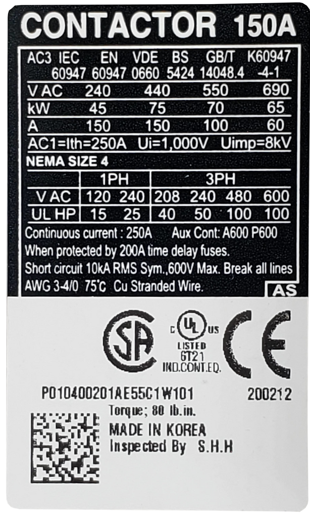 Carlo Contactor, 150A, 220v, 3ph, Lug, 2NO 2NC Aux