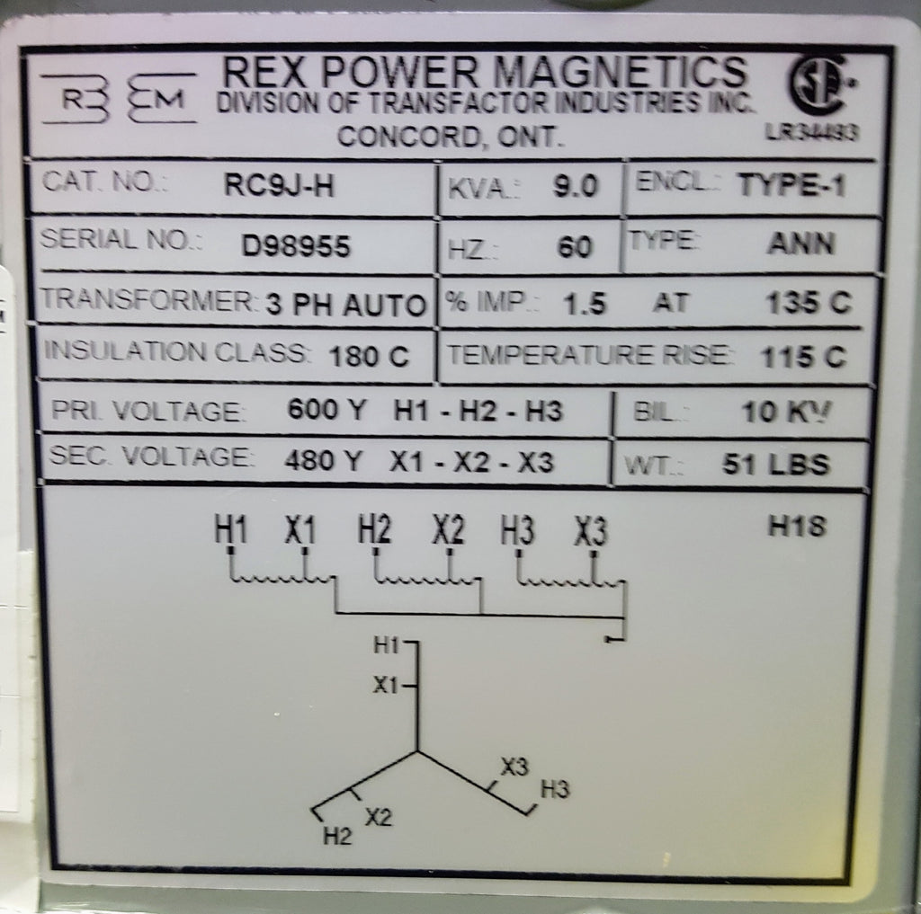 Rex Auto Transformer - 600/480v - 9KVA - 3 Phase