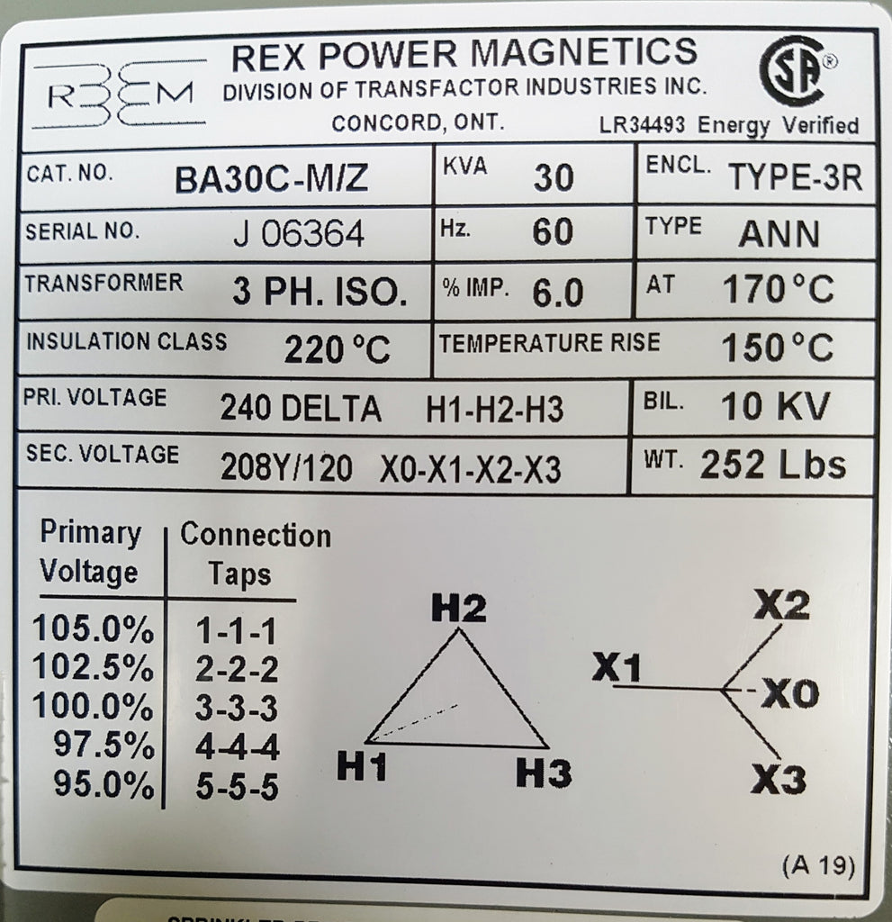 Rex Distribution Transformer - 240v Delta 208/120v Wye - 3ph - 30KVA - Aluminum - Step Down