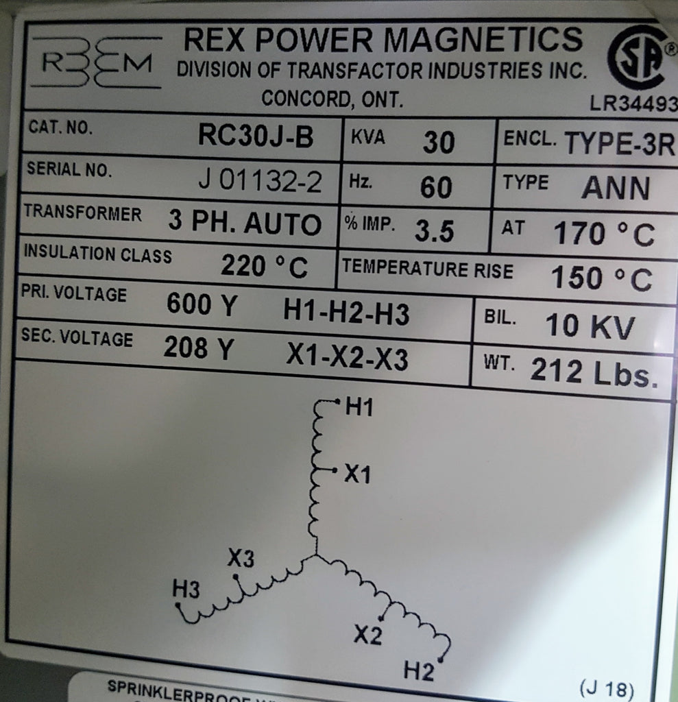Rex Auto Transformer - 600/208v - 30KVA - 3 Phase - Copper