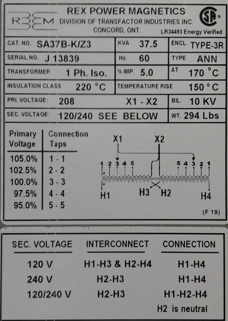 Rex Single Phase 208/240-120 37.5KVA Aluminum Isolation Transformer NEMA 3R