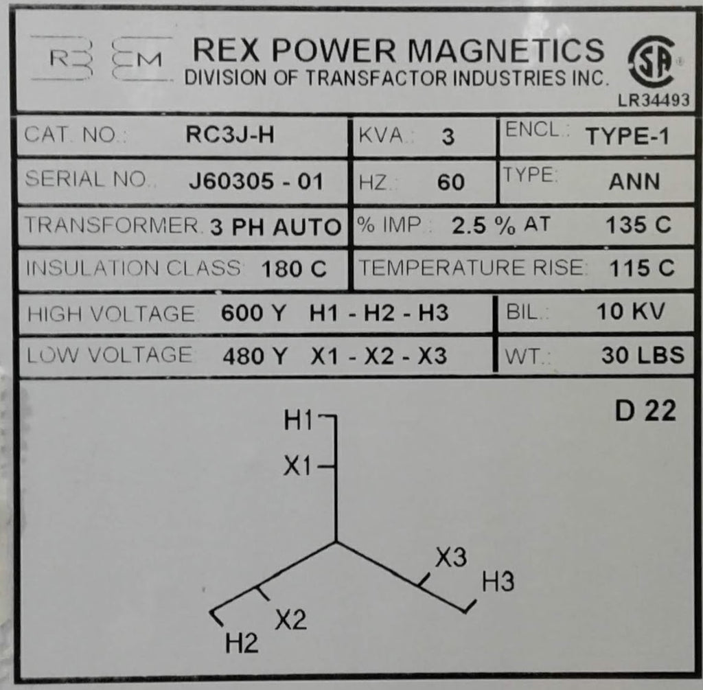 Rex Auto Transformer - 600/480v - 3KVA - 3 Phase