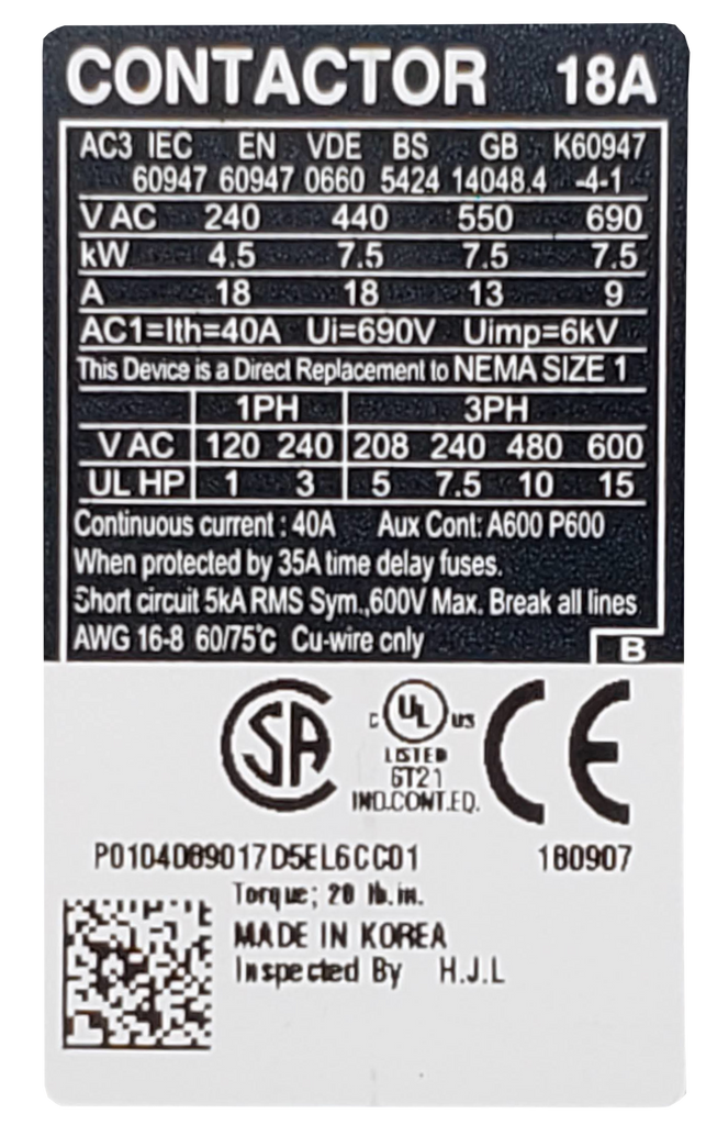 Carlo Contactor, 18A, 24v, 3ph, Screw, 1NO 1NC Aux