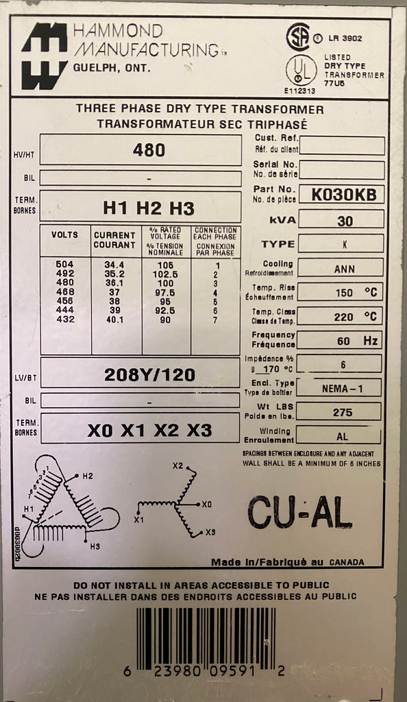Hammond, 3 PH, 30 KVA, Type - 1, AL HV - 480v Multi tap  LV - 120/208v, Distribution Transformer - 4