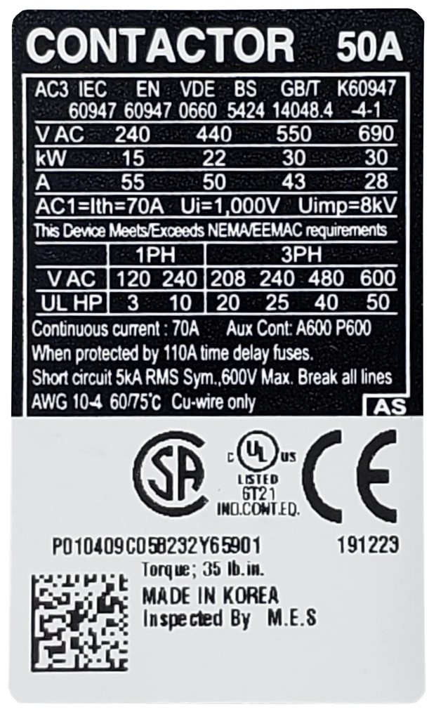 Carlo Contactor, 50A, 24v, 3ph, Lug, 2NO 2NC Aux