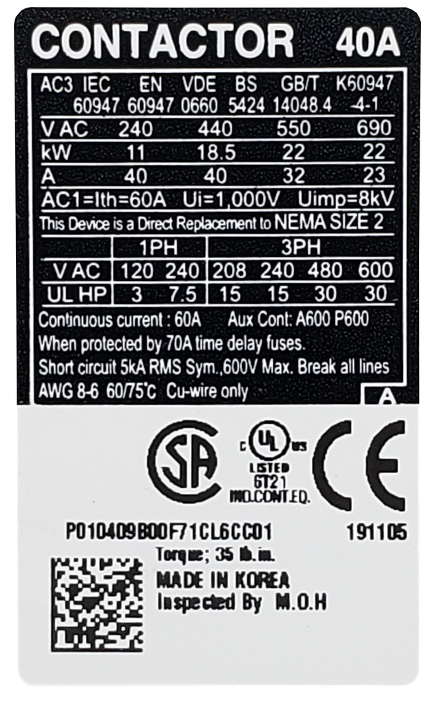 Carlo Contactor, 40A, 24v, 3ph, Screw, 2NO 2NC Aux