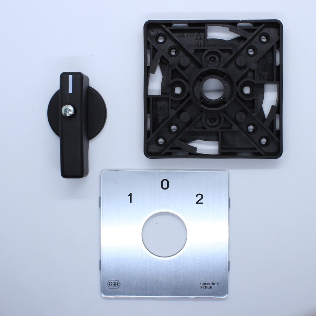 S+S Hand assembly Silver Legend, Black Handle, For Rotary Cam Switch or 3 pole changeover, Faceplate
