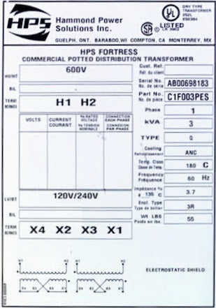 HPS 1 Ph. Distribution Transformer, 3 KVA, (600V)/(120/240V), Encapsulated