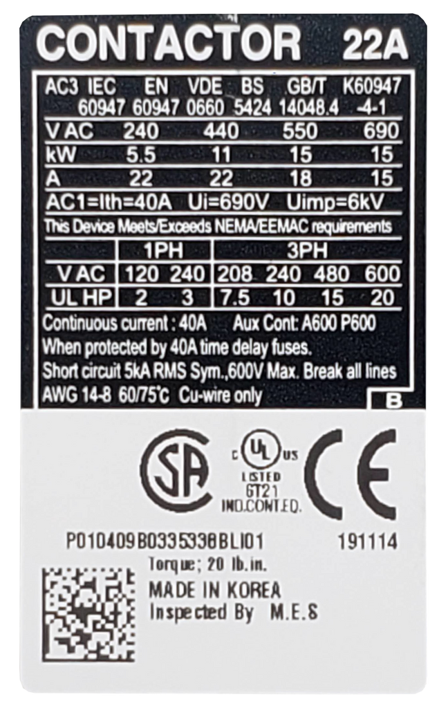 Carlo Contactor, 22A, 24v, 3ph, Screw, 1NO 1NC Aux