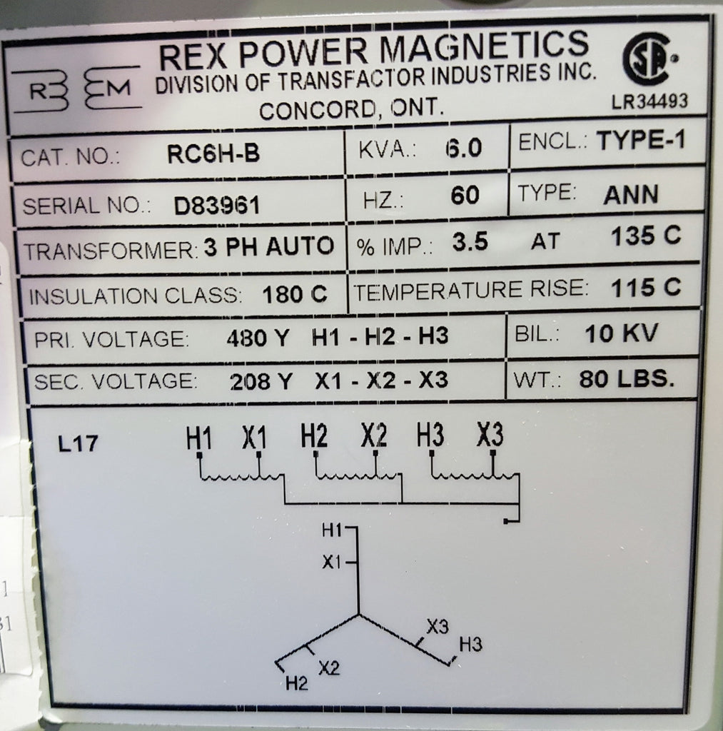 Rex Auto Transformer - 480/208v - 6KVA - 3 Phase