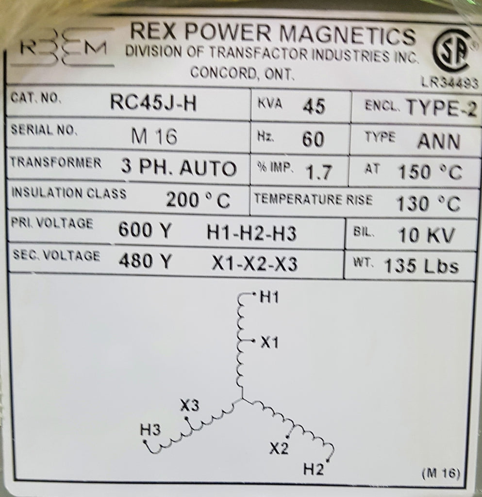 Rex Auto Transformer - 600/480v - 45KVA - 3 Phase