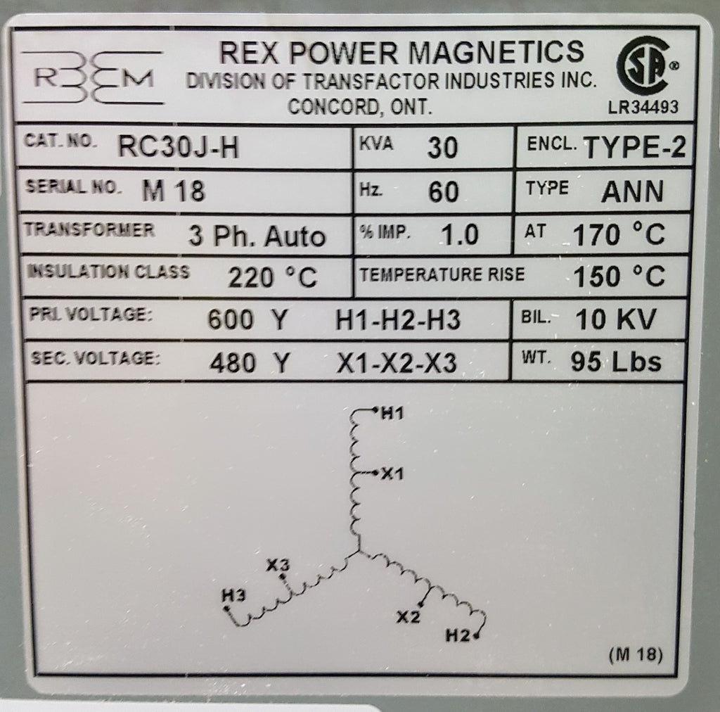 Rex Auto Transformer - 600/480v - 30KVA - 3 Phase