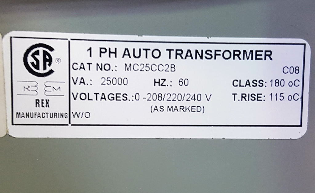 Rex Auto Transformer - 240/220/208v - 1 ph - 25KVA