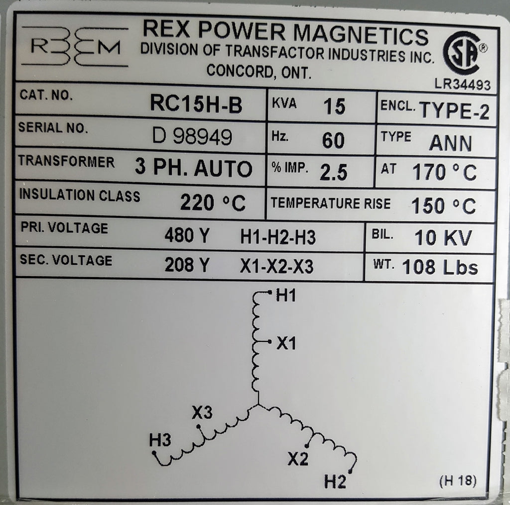 Rex Auto Transformer - 480/208v - 15KVA - 3 Phase