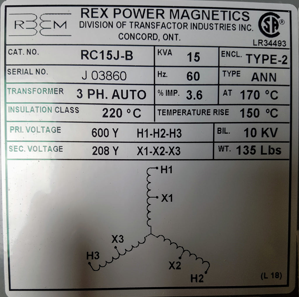 Rex Auto Transformer - 600/208v - 15KVA - 3 Phase