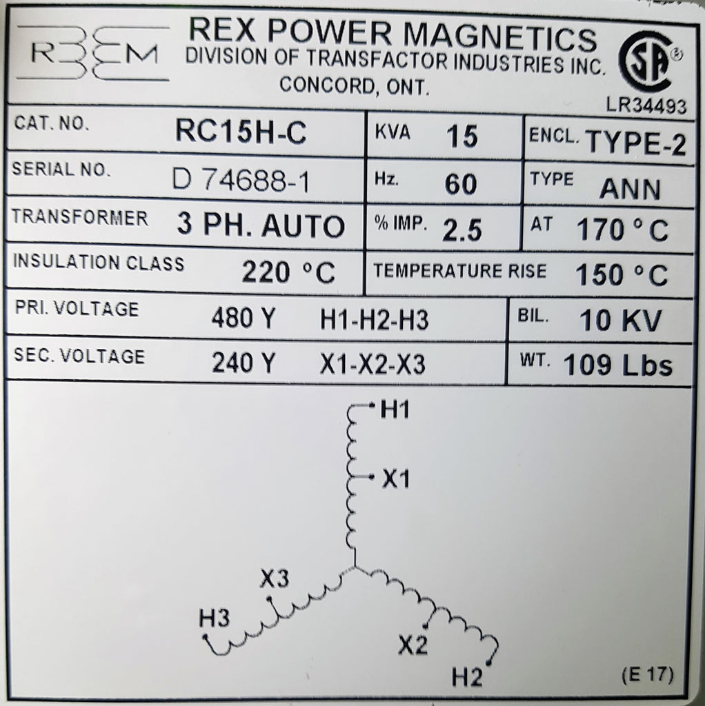 Rex Auto Transformer - 480/240v - 15KVA - 3 Phase