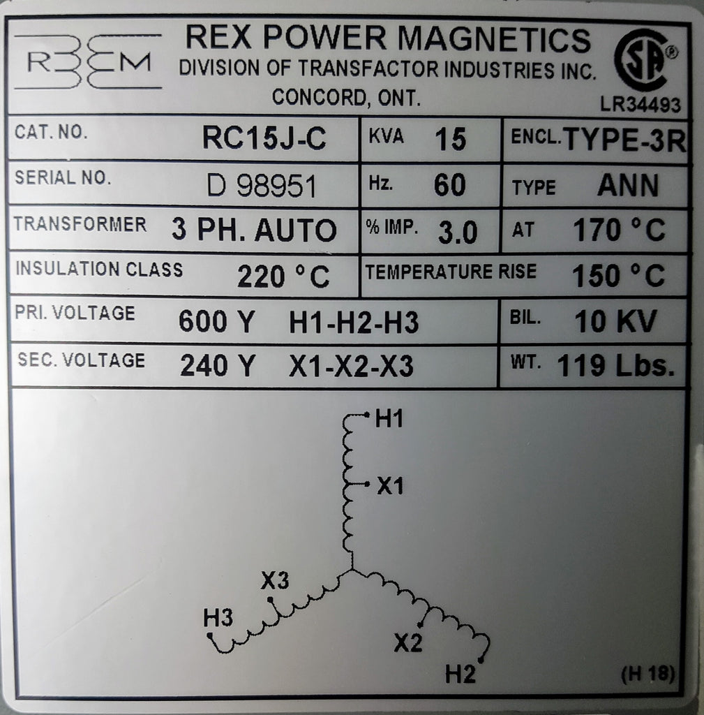 Rex Auto Transformer - 600/240v - 15KVA - 3 Phase