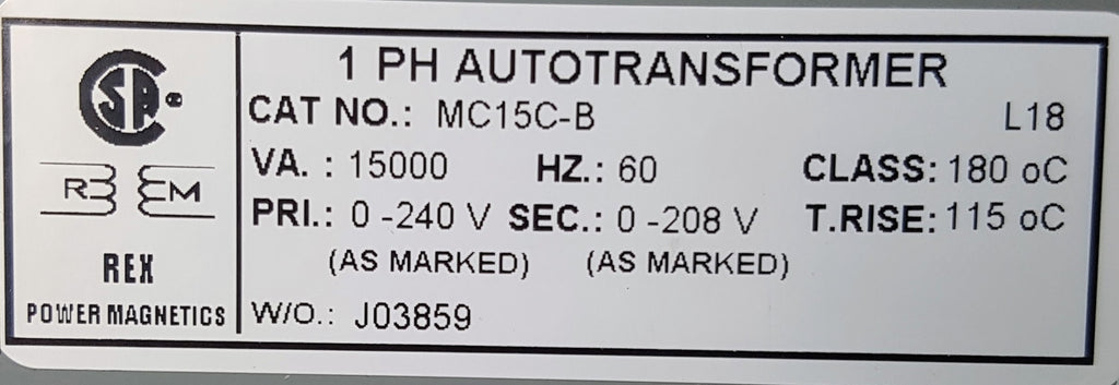 Rex Auto Transformer - 240/208v - 1 ph - 15KVA