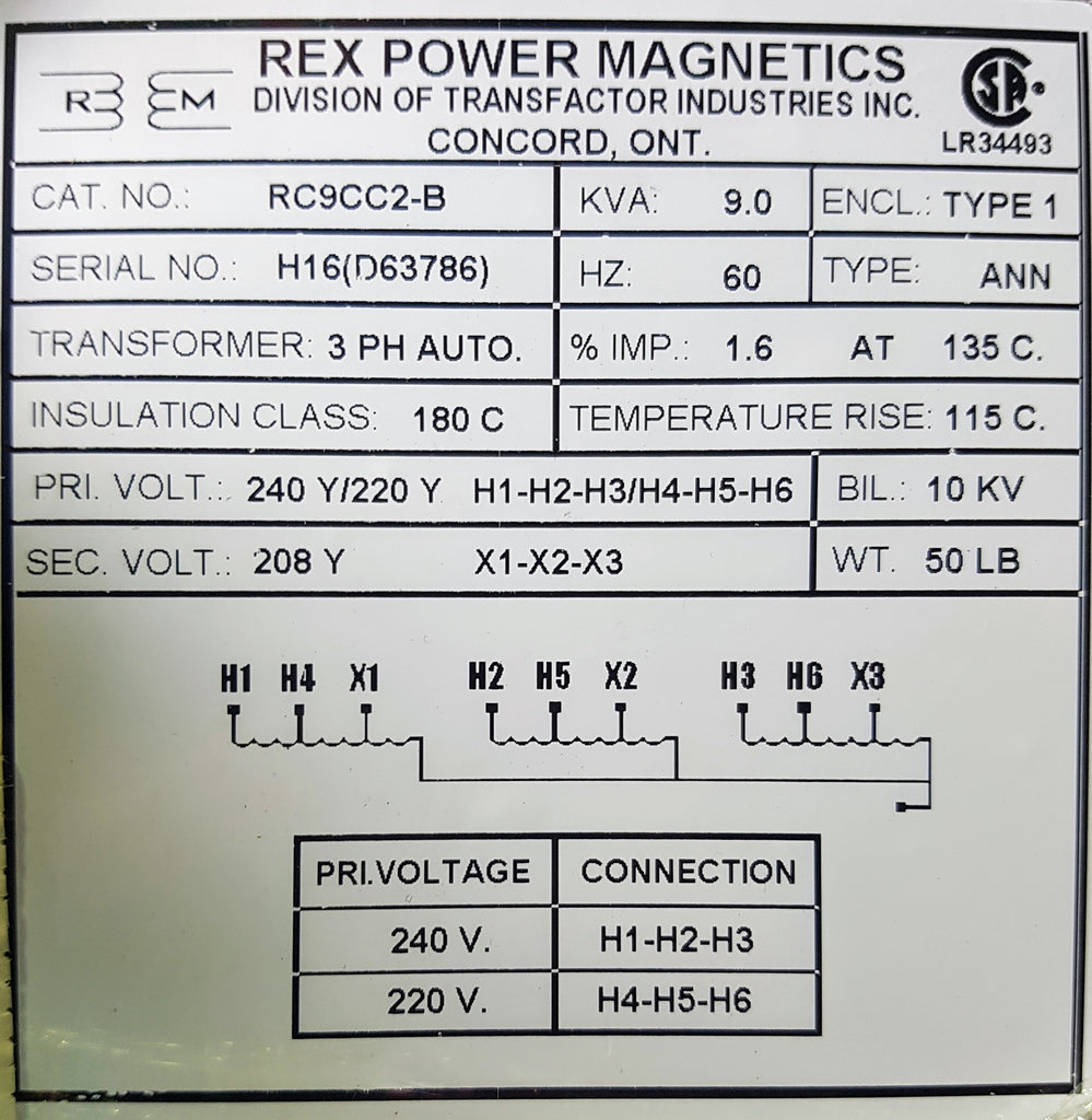 Rex Auto Transformer - 240/220/208v - 3 ph - 9KVA