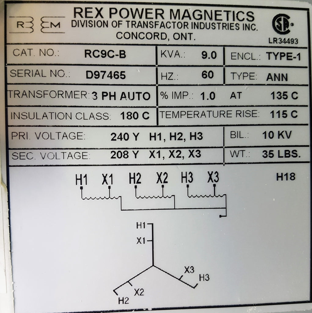 Rex Auto Transformer - 240/208v - 9KVA - 3 Phase