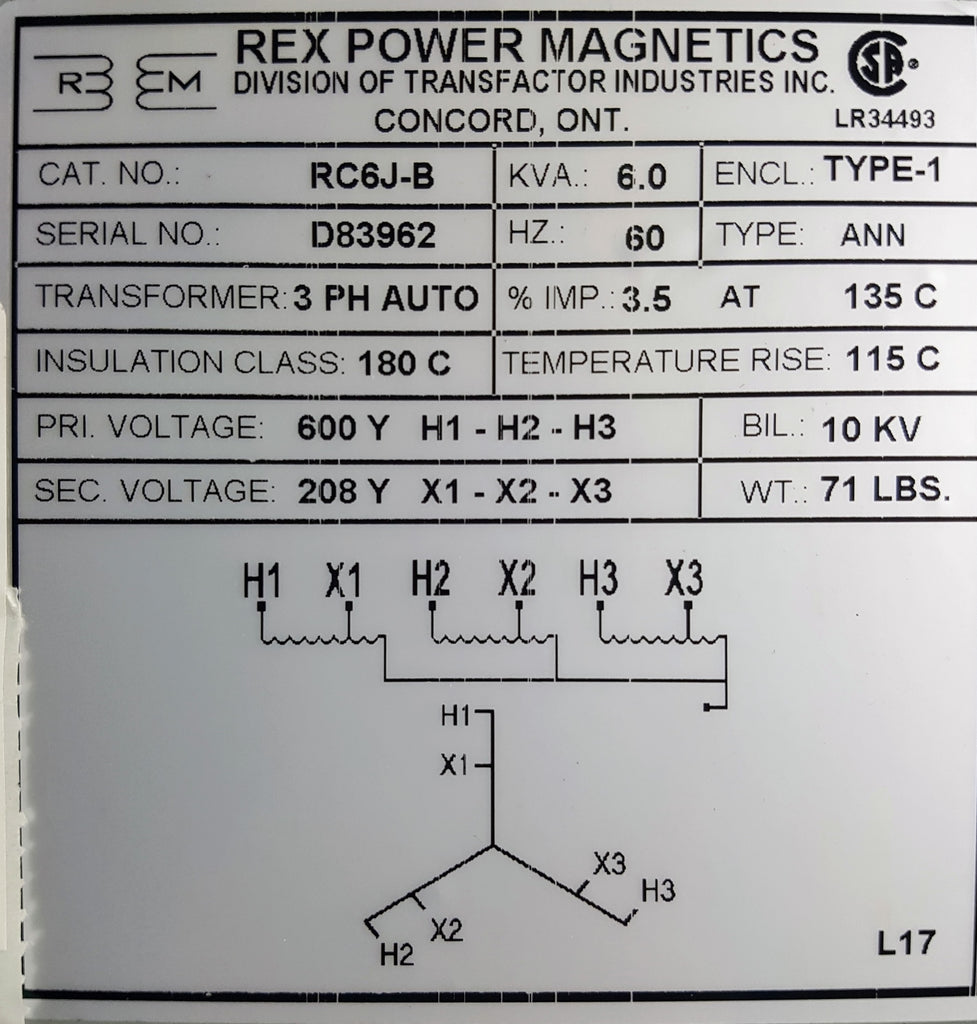 Rex Auto Transformer - 600/208v - 6KVA - 3 Phase