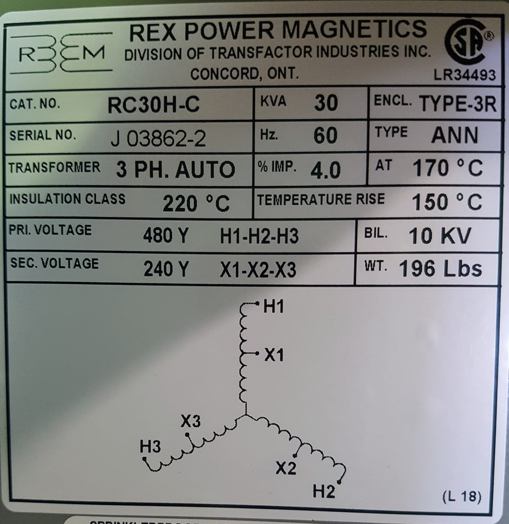 Rex Auto Transformer - 480/240v - 30KVA - 3 Phase