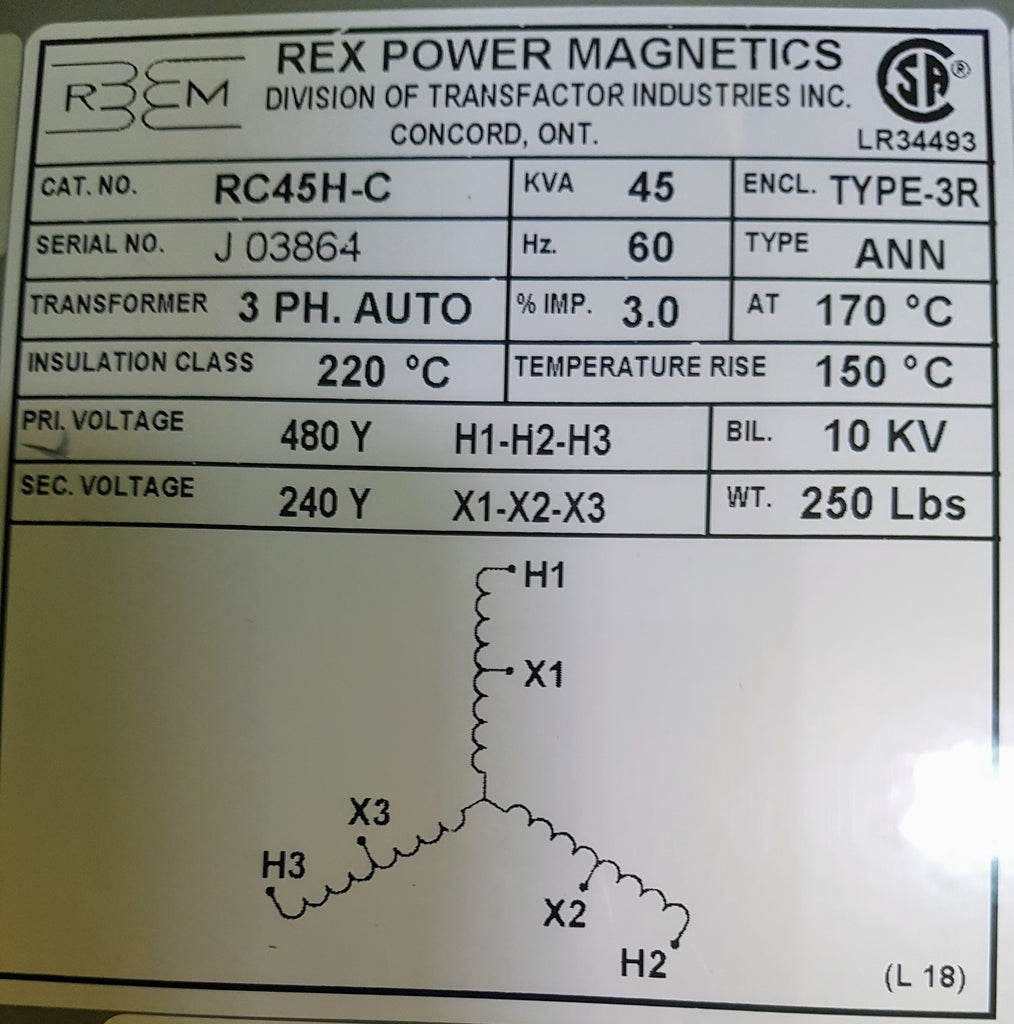 Rex Auto Transformer - 480/240v - 45KVA - 3 Phase