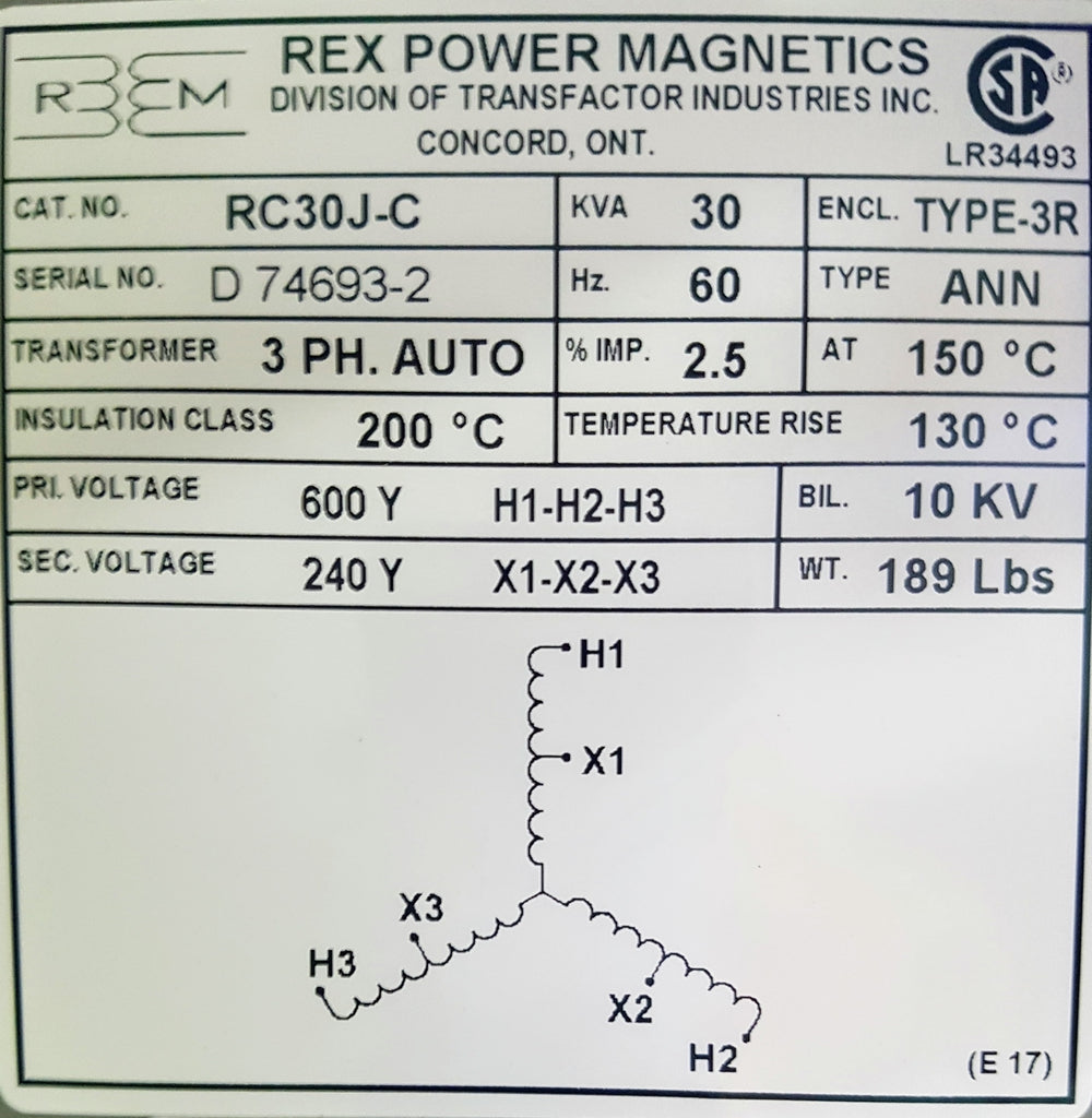 Rex Auto Transformer - 600/240v - 30KVA - 3 Phase