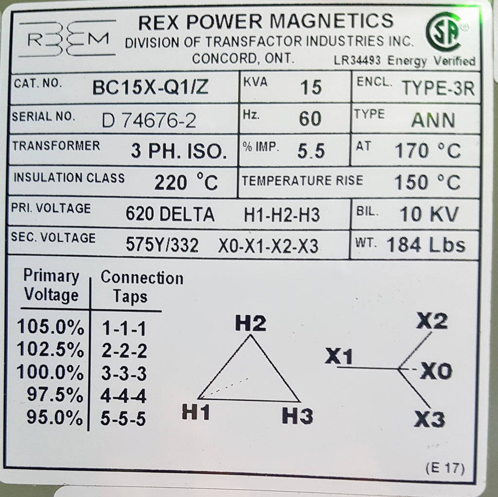 Rex Distribution Transformer - 620 Delta 575/332v Wye- 3 ph - 15 KVA with +/- 2.5 and 5% taps