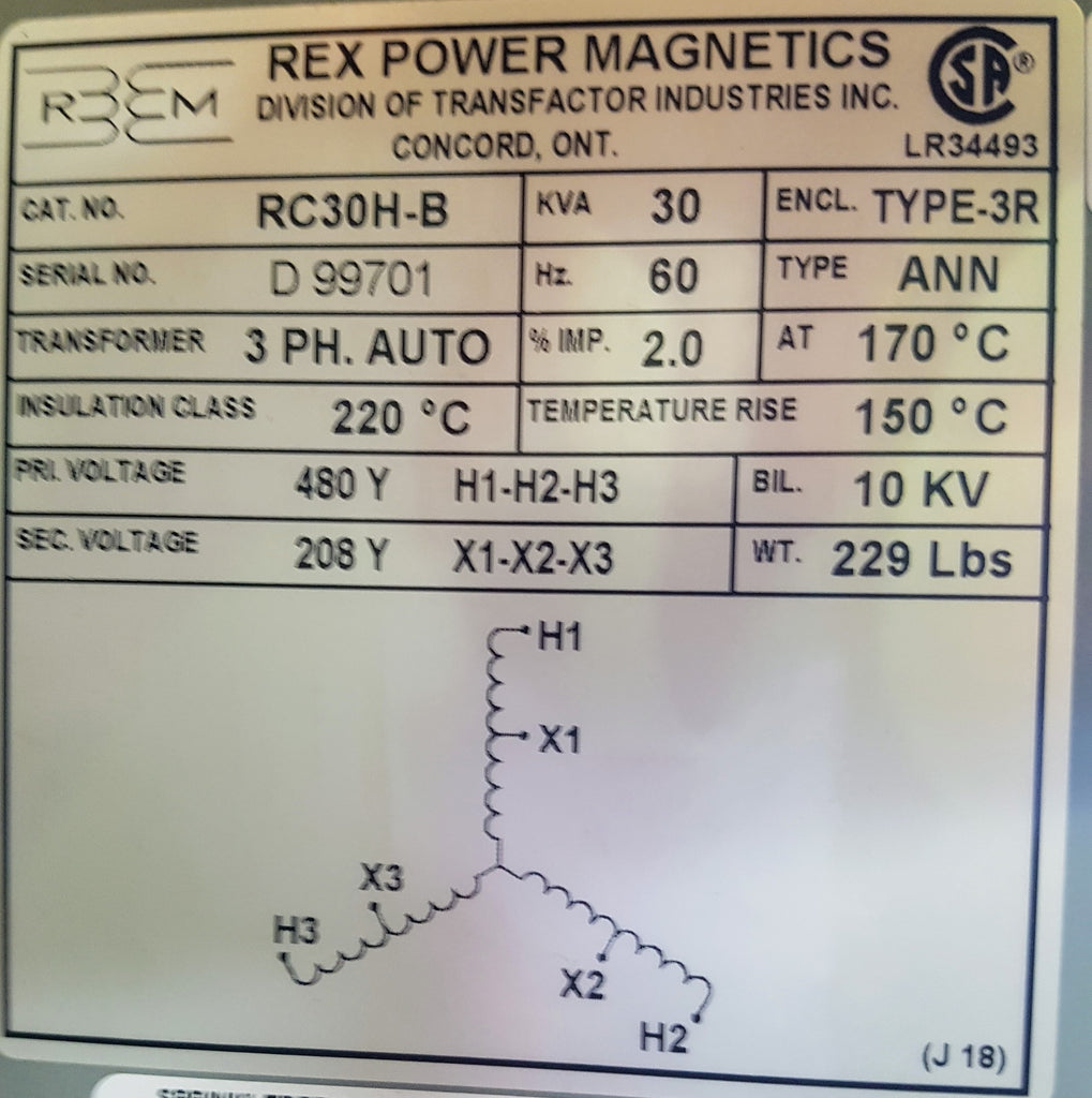 Rex Auto Transformer - 480/208v - 30KVA - 3 Phase