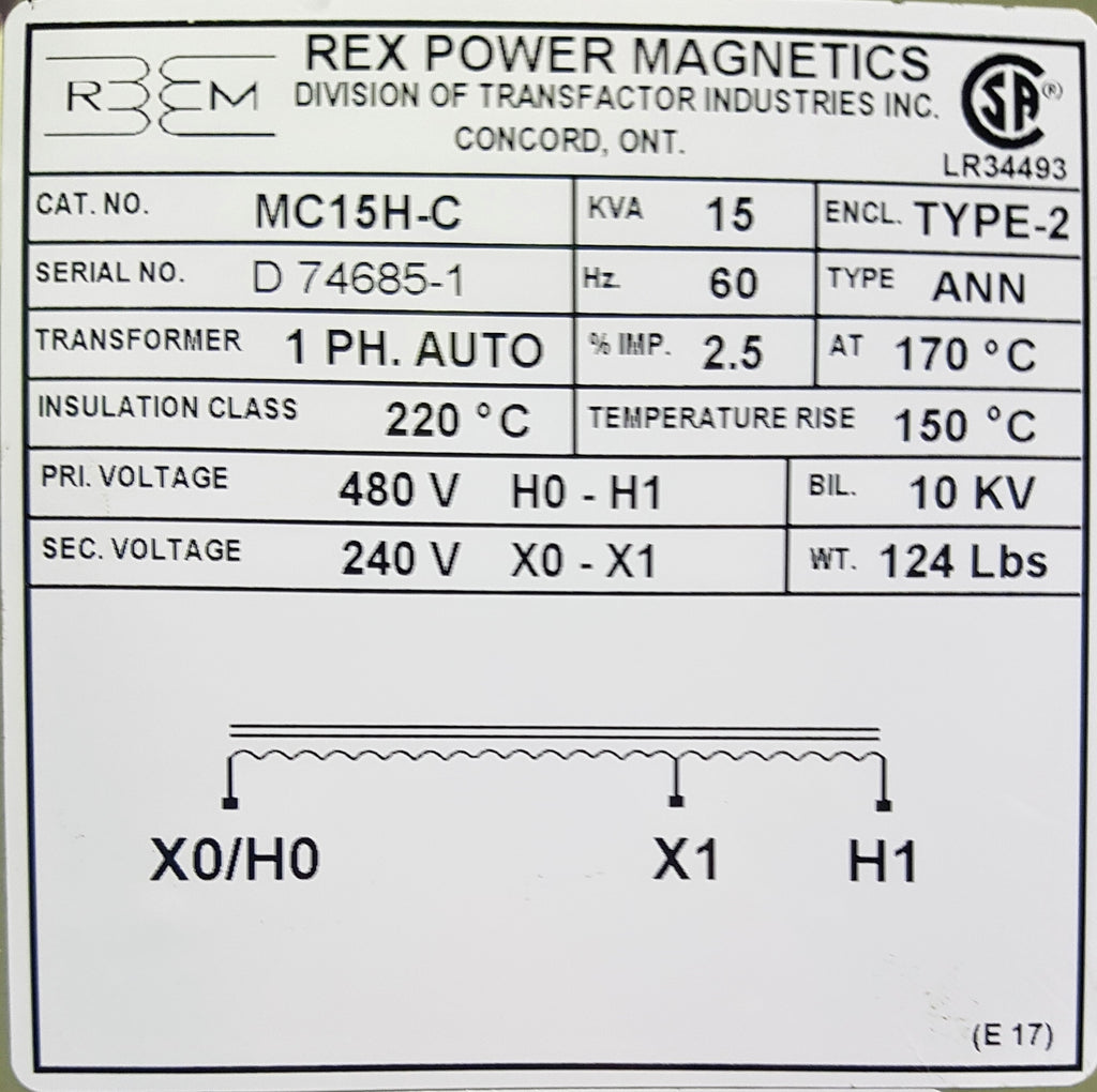 Rex Auto Transformer - 480/240v - 1 ph - 15KVA