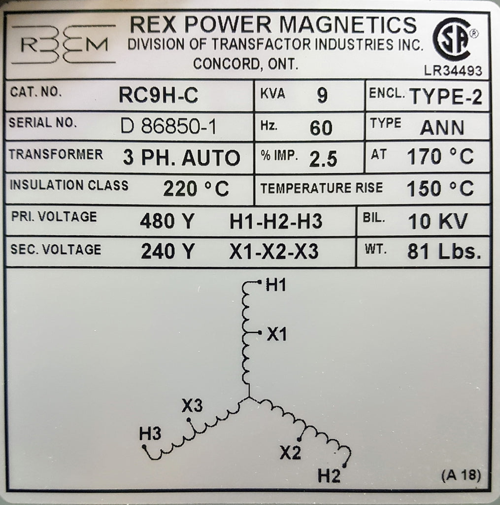 Rex Auto Transformer - 480/240v - 9KVA - 3 Phase