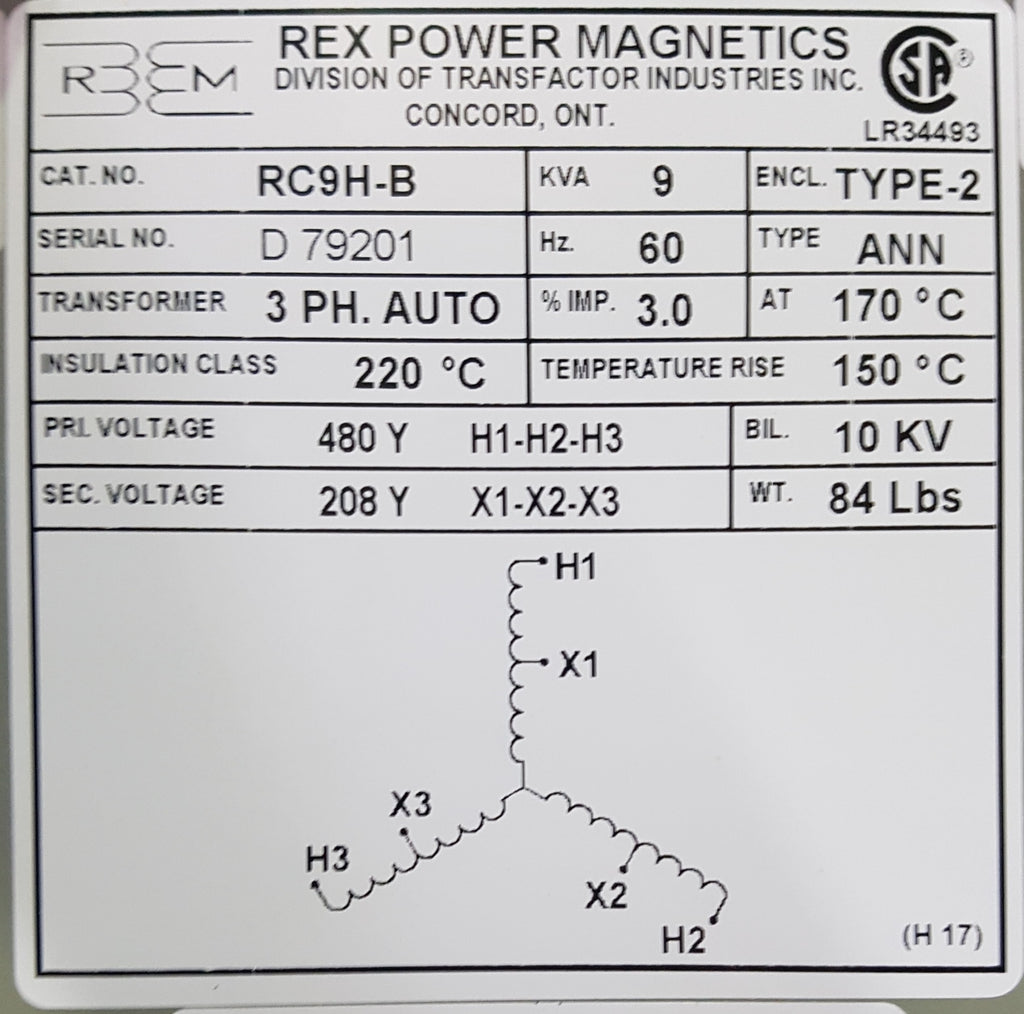 Rex Auto Transformer - 480/208v - 9KVA - 3 Phase