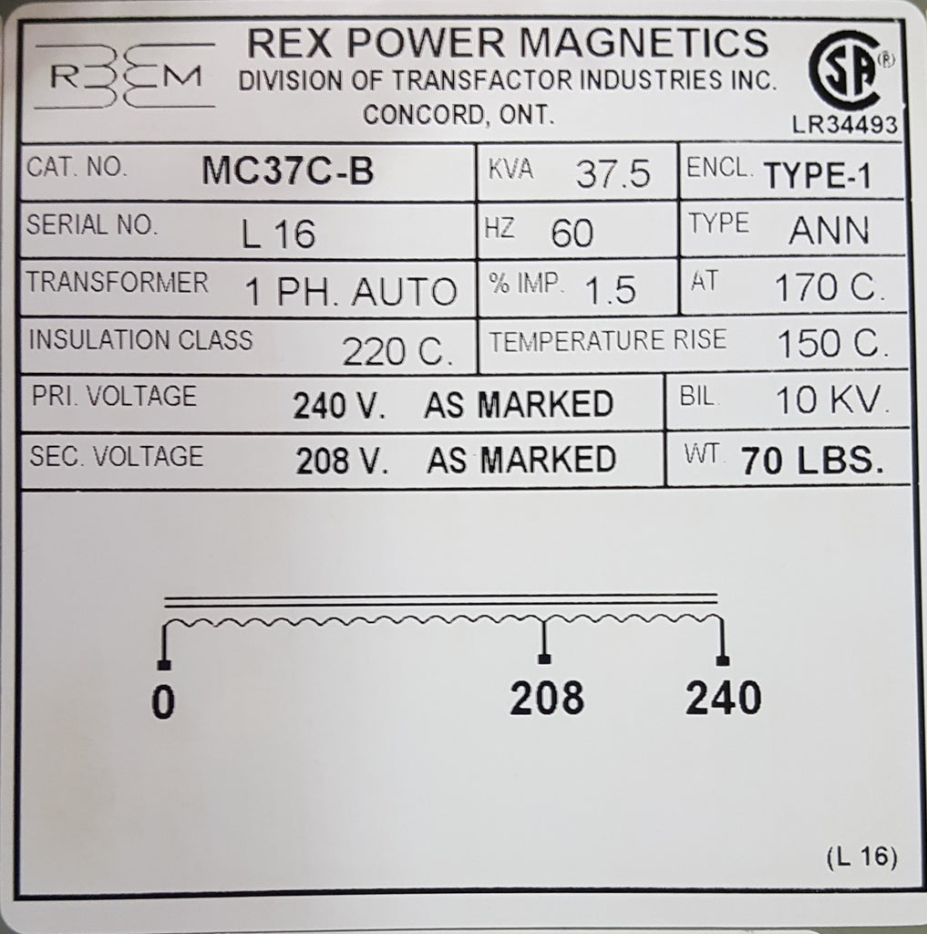 Rex Auto Transformer - 240/208v - 1 ph - 37KVA