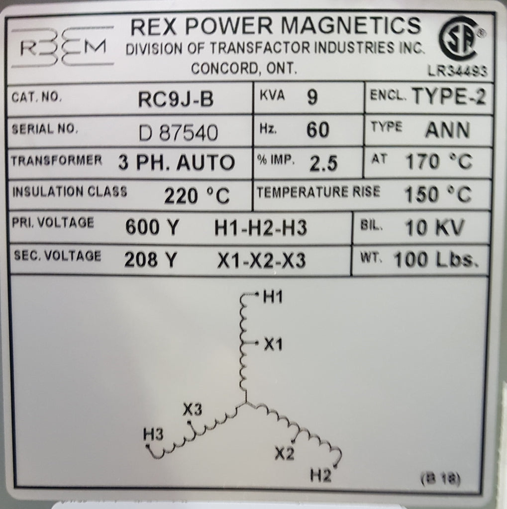 Rex Auto Transformer - 600/208v - 9KVA - 3 Phase