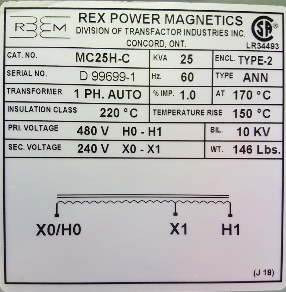 Rex Auto Transformer - 480/240v - 1 ph - 25KVA