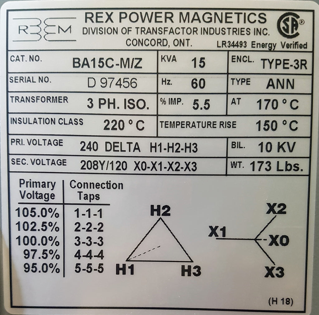 Rex Distribution Transformer - 240v Delta 208/120v Wye - 3ph - 15KVA - Aluminum - Step Down