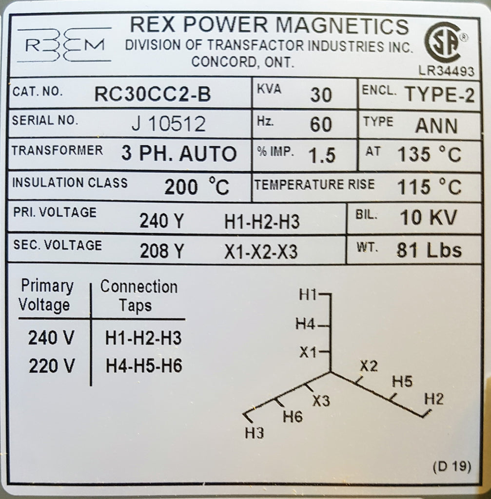 Rex Auto Transformer - 240/220/208v - 3 ph - 30KVA