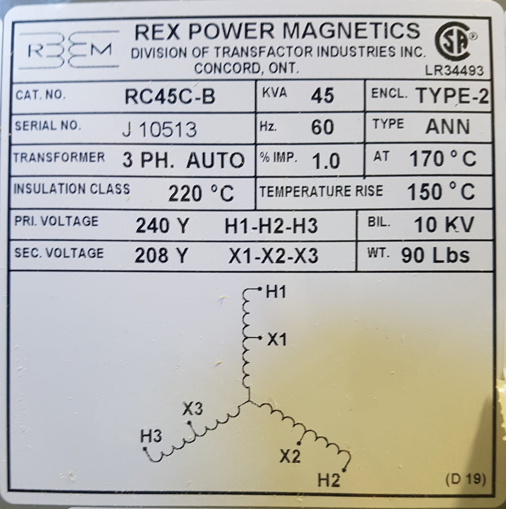 Rex Auto Transformer - 240/208v - 45KVA - 3 Phase