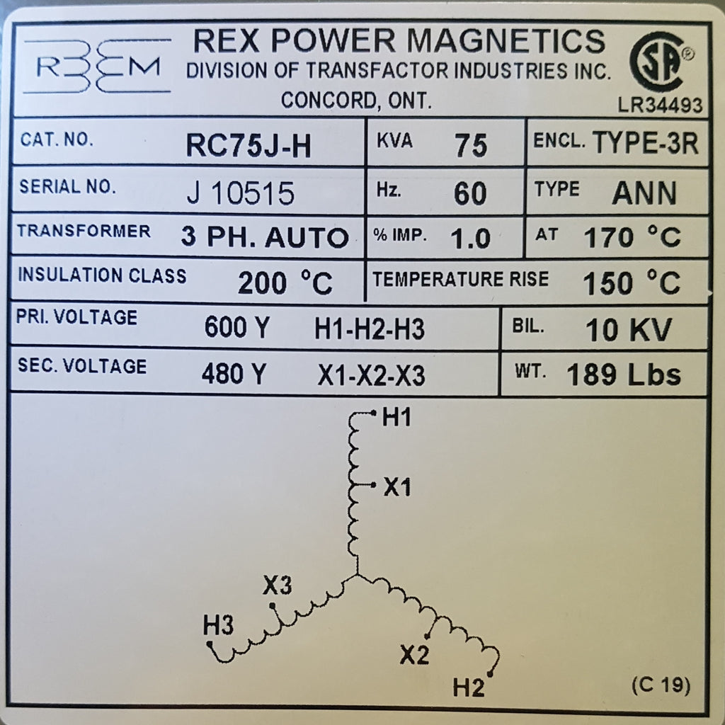 Rex Auto Transformer - 600/480v - 75KVA - 3 Phase