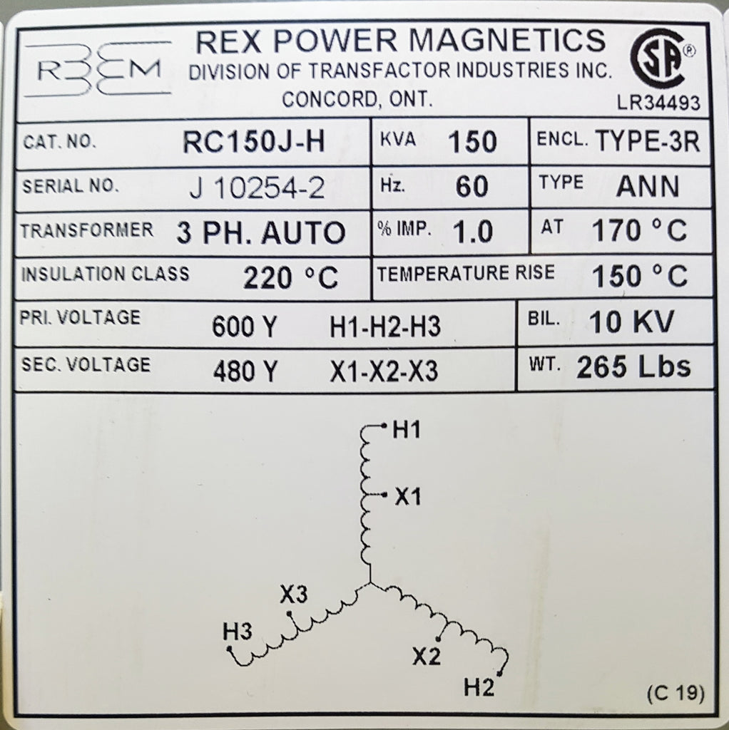 Rex Auto Transformer - 600/480v - 150KVA - 3 Phase, Copper