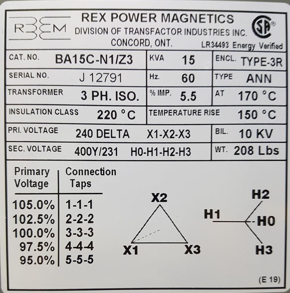 Rex Distribution Transformer - 240v Delta 400/231v Wye - 3ph - 15KVA - Aluminum - Step Up