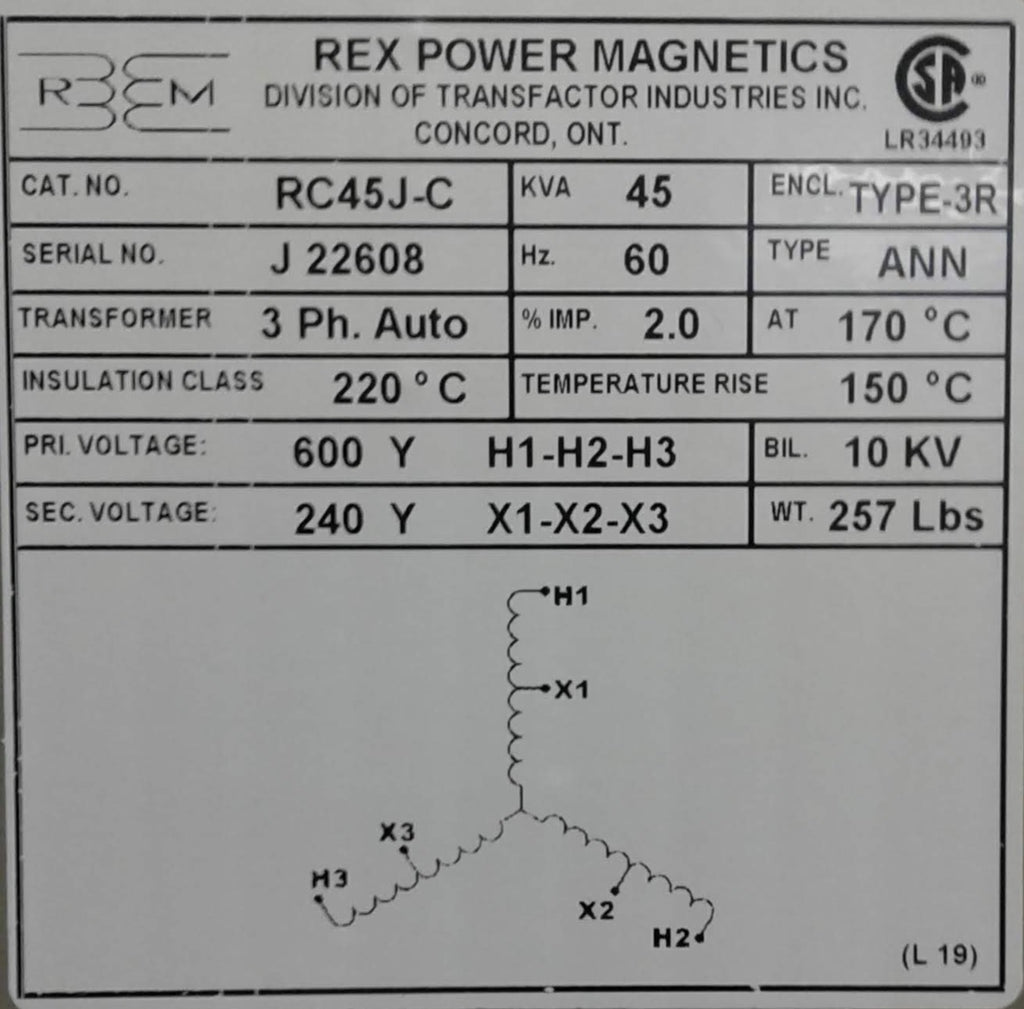 Rex Auto Transformer - 600/240v - 45KVA - 3 Phase
