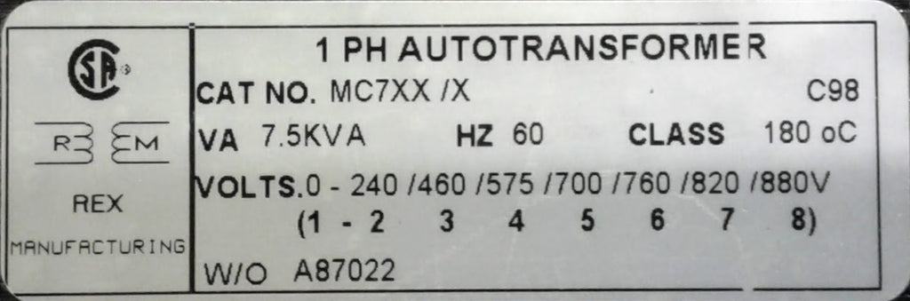 Rex Auto Transformer - 240 / 460 / 575 / 700 / 760 /820 / 880v - 1 ph - 7.5 KVA - Not Enclosed
