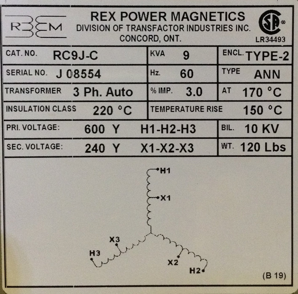 Rex Auto Transformer - 600/240v - 9KVA - 3 Phase